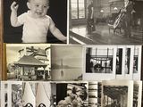 plusieurs photographies en noir et blanc d'un bébé dans une pièce