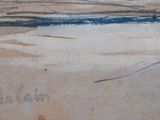 a watercolor painting of a beach with a boat in the water