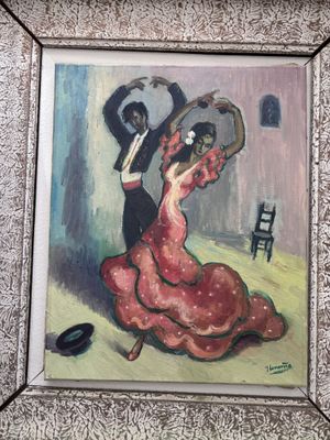 une peinture à l'huile représentant une femme en robe rouge tenant un éventail