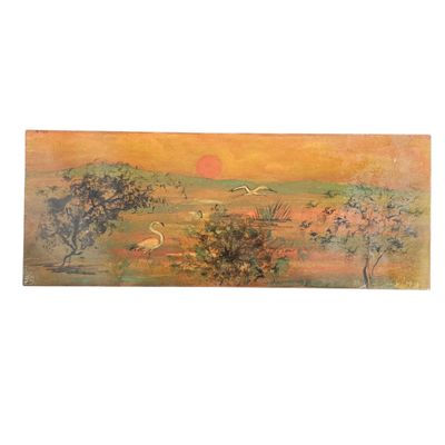 une image représentant un tableau d'un coucher de soleil avec des oiseaux volant dans le ciel