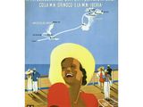 une vieille affiche représentant une femme sur un bateau, avec un oiseau qui vole au-dessus de sa tête