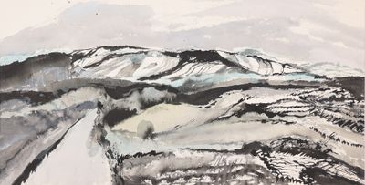 une peinture représentant une montagne enneigée et une route