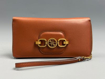 a brown leather wallet with a gold chain on the clasp