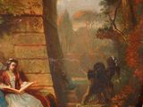a painting of a woman reading a book in a park