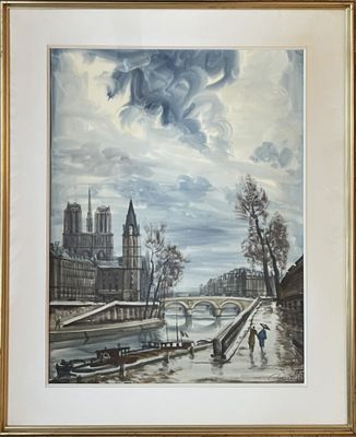 painting of a painting of a river with a bridge in the background
