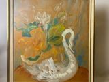 a painting of a white swan with yellow flowers in it