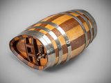 a wooden barrel with metal bands and a wooden handle