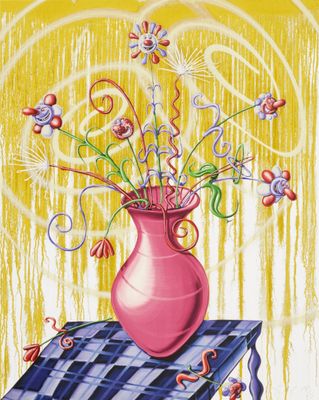 a painting of a vase with flowers in it on a table