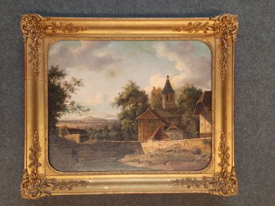 une peinture à l'huile représentant une scène de village avec une église en arrière-plan
