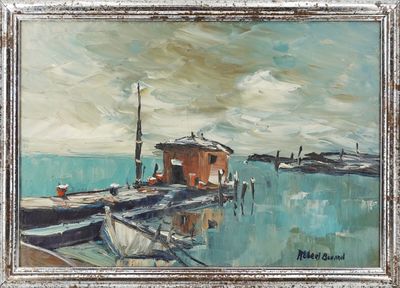 une peinture à l'huile représentant un bateau amarré à un quai, avec le ciel en arrière-plan