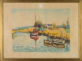 a picture of a painting of boats in the water