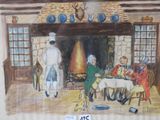painting of a group of people sitting around a table in front of a fire place