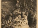 a black and white drawing of a group of people in a cave