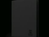 a close up of a black case with a black logo on it