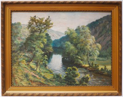 a painting of a river with trees in the foreground