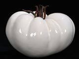 un objet en céramique blanche en forme de citrouille sur fond noir