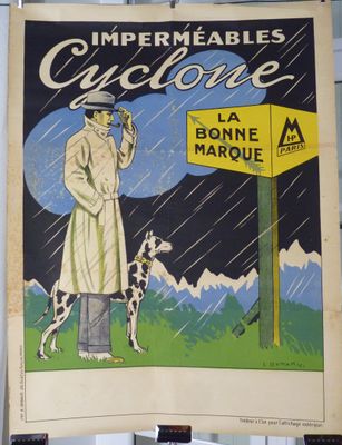une affiche représentant un homme et un chien sous la pluie