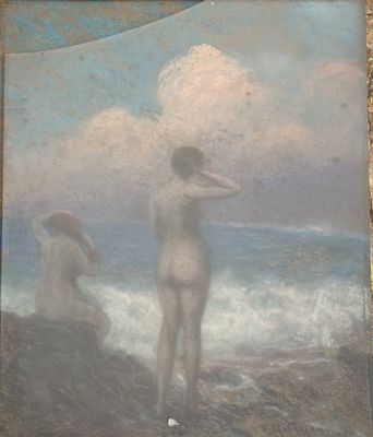 an old painting of two women standing on a beach near the ocean