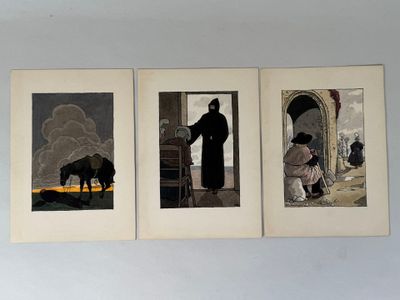 three framed pictures of a man in a black robe and a woman in a white dress
