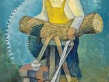 an oil painting of a man with a saw and tools on a cart