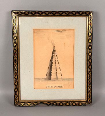 une vieille photo représentant une pyramide composée de plusieurs pyramides, dans un cadre doré