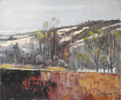 an oil painting of a landscape with a river and trees