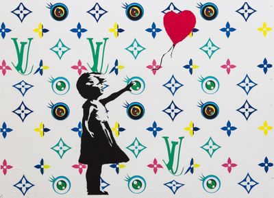 a painting of a girl with a balloon on a wall