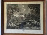 a framed picture of a river scene with a bridge in the distance