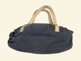 a blue bag with a tan handle on a white background