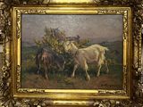 a painting of two horses in a field by a tree