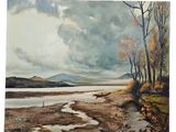 une peinture à l'huile représentant un paysage avec des arbres et un plan d'eau