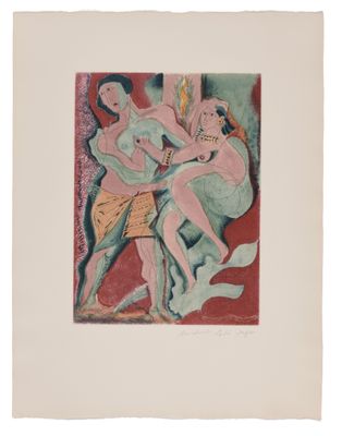 an image of a painting of two women and a man