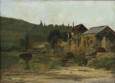 painting of a river scene with a boat in the foreground and a house in the background