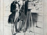 illustration représentant un homme coiffé d'un haut-de-forme en train de regarder une photo posée sur un trépied