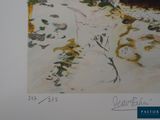 a picture of a painting of a person walking on a beach