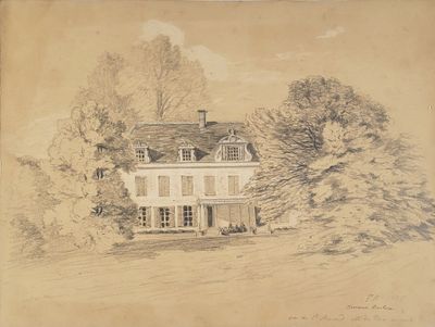 an old drawing of a house in the middle of a field