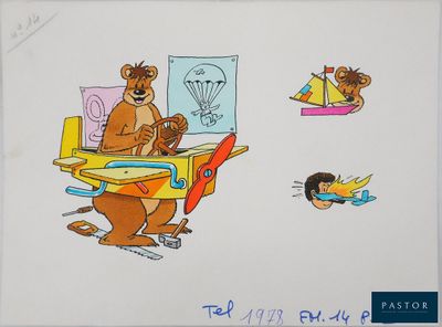 cartoon drawing of a bear sitting on a plane with other cartoon characters around him