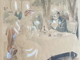 a drawing of a man and a woman sitting at a table