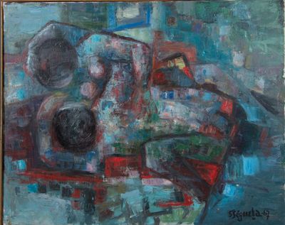 peinture représentant une voiture rouge sur fond bleu
