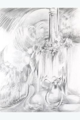 a drawing of a vase and a candle on a table
