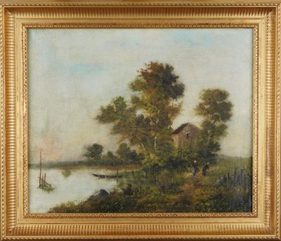 a painting of a boat on a river with a house in the background
