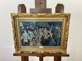 un tableau représentant un groupe de personnes posé sur un chevalet