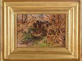 une peinture à l'huile représentant des canards dans un bateau sur une rivière