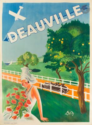 une vieille affiche représentant une femme tenant un bouquet de fleurs devant une voiture