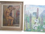 painting of a woman sitting in a chair next to a painting of a man