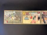 three old japanese paintings of women and men in traditional dress
