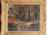 peinture à l'huile d'une scène de forêt avec un chemin au premier plan