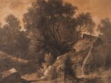 a picture of a painting of a man sitting on a rock