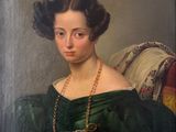 painting of a woman in a green dress holding a cell phone