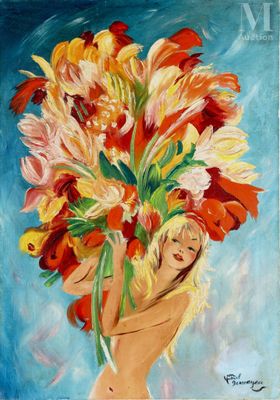 un tableau représentant une femme tenant un bouquet de fleurs